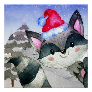 Póster Ilustração do Racoon Amigos da Floresta de inverno