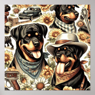 Poster Ilustração do Rottweiler Sem Costura Vintage