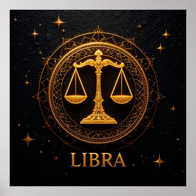 Poster Ilustração do Signo Zodíaco Libra Dourada (Frente)