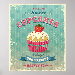 Poster Ilustração do sinal dos cupcakes do vintage