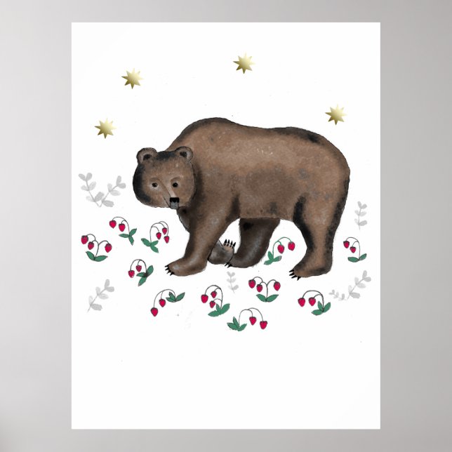 Poster Ilustração Do Urso Castanho E Morangos Florestais (Frente)