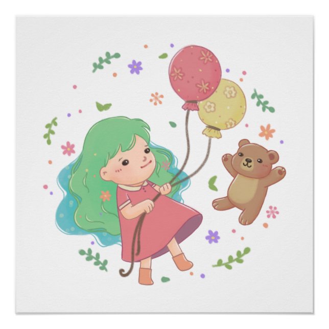 Póster Ilustração do Urso de Teddy e Rapariga (Frente)
