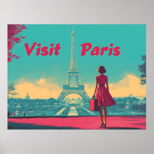 Poster Ilustração do Viagem da Torre Eiffel Retro com Car