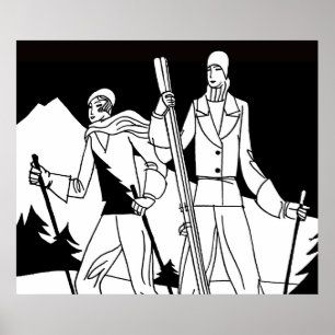 Poster Ilustração dos esquiadores do casal do esqui do