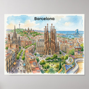 Poster Ilustração em Aquarela da Paisagem Urbana de Barce