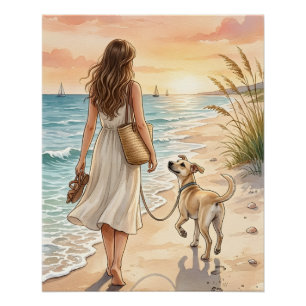 Póster Ilustração em Aquarela do Cachorro no Pôr do Sol n