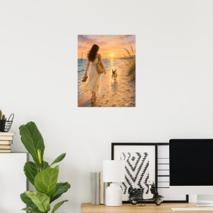 Poster Ilustração em Aquarela do Cachorro no Pôr do Sol n