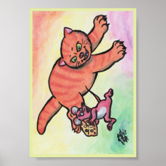 Poster Ilustração em aquarela Gato Rato Queijo cartoon