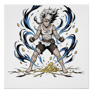 Póster Ilustração Épica de Poder de Guerreiro de Mangá De