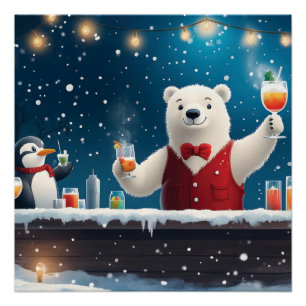 Póster Ilustração Festiva Do Bartender Polar