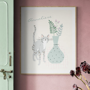 Poster Ilustração Floral Azul Turquesa de Gato Cinza Eleg