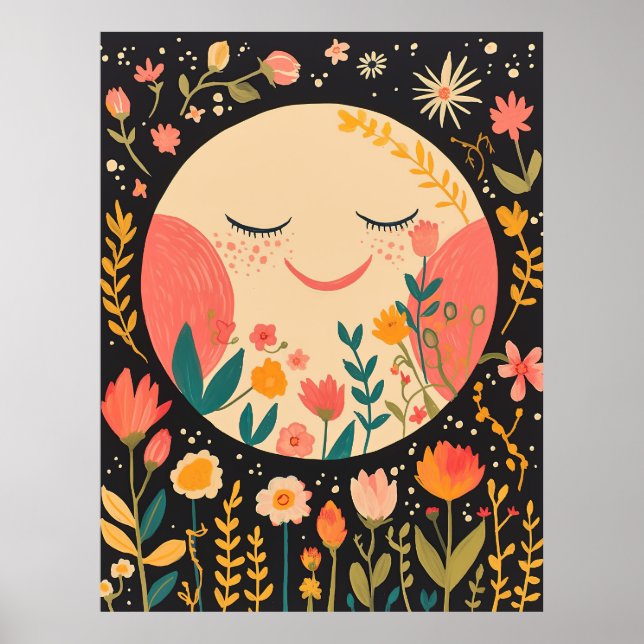 Poster Ilustração Floral Boho da Lua no Céu Noturno Fofa (Frente)