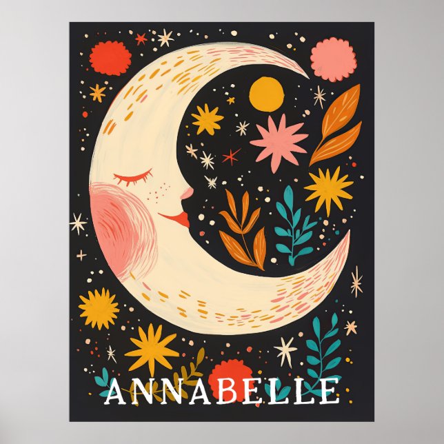 Poster Ilustração Floral Boho Noite de Lua Primeiro Nome (Frente)