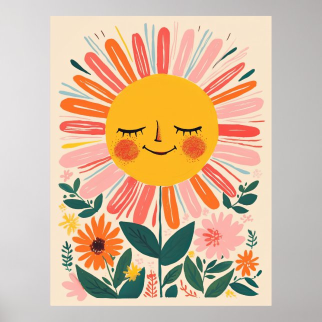 Poster Ilustração Floral Fofa de Girassóis Boho (Frente)