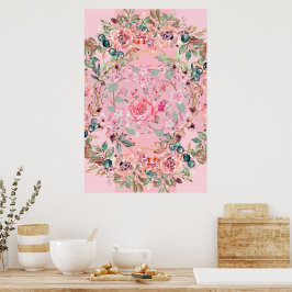 Poster Ilustração Floral, Grinalda Floral Rosa
