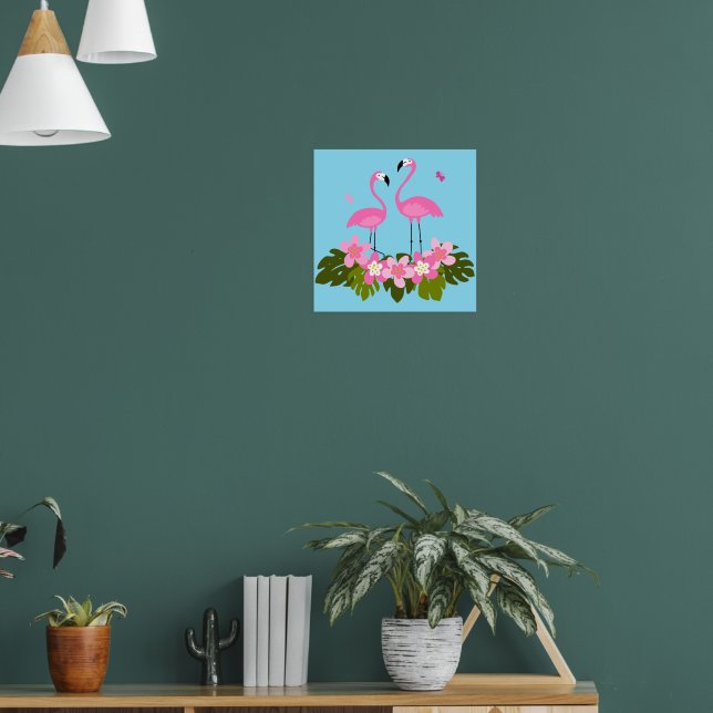 Poster Ilustração Floral Tropical de Flamingos Rosa (Sala de Estar 1)