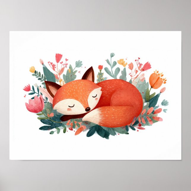 Poster Ilustração Fofa da Raposa Adormecida Floral (Frente)