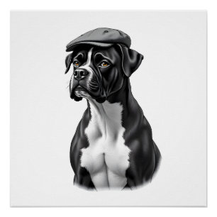 Póster Ilustração Gráfica Monocromática de Boxer Antigo c