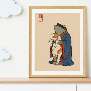 Poster Ilustração Japonesa de Gato Sapo Anima no Estilo