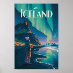 Poster Ilustração Luzes do Norte Islândia Viagem Arte