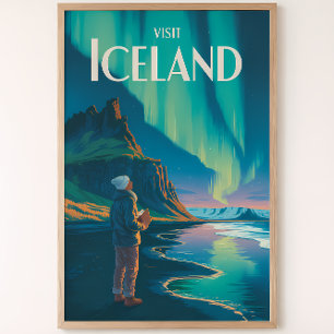 Poster Ilustração Luzes do Norte Islândia Viagem Arte