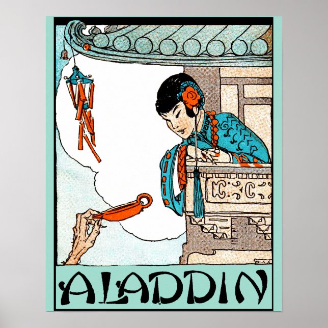 Póster Ilustração Mágica de Aladin Chinês Vintage (Frente)
