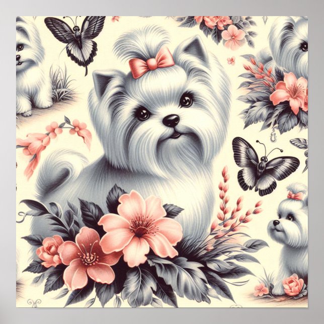 Poster Ilustração Maltesa Vintage Cute (Frente)