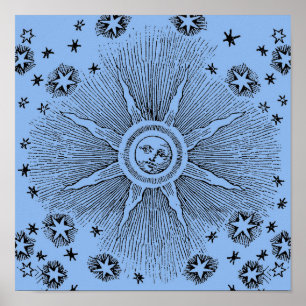 Póster Ilustração medieval do sorriso da face do sol da