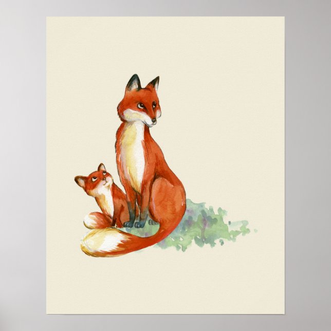 Poster Ilustração Momma Fox e Baby Watercolor (Frente)