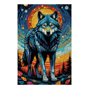 Póster Ilustração Mosaica Colorida do Lobo Majestoso
