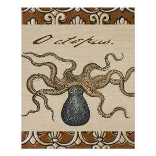 Póster Ilustração Octopus Vintage Kraken