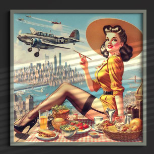 Poster Ilustração Pin-up do Avião Retro