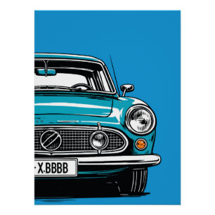 Póster Ilustração Pop Art de Carro Clássico Azul Turquesa