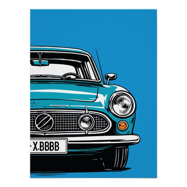 Póster Ilustração Pop Art de Carro Clássico Azul Turquesa (Frente)