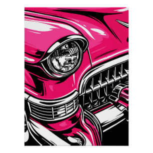 Póster Ilustração Pop Art de Carro Clássico Rosa Retro da