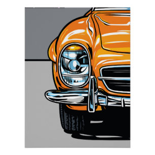 Póster Ilustração Pop Art de Carro Esportivo Laranja Retr