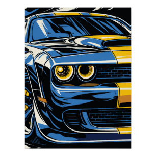 Póster Ilustração Pop Art de Carro Musculoso Azul Retrô n