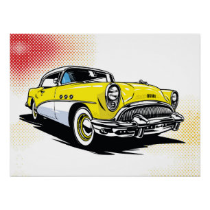 Póster Ilustração Pop de Carro Antigo Amarelo Ensolarado
