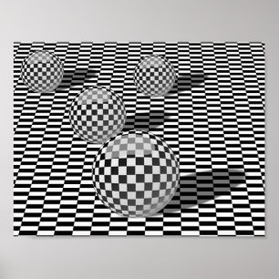 Poster Ilustração preto e branco com bolas em uma xadre