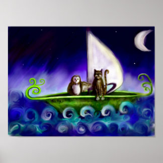 Póster Ilustração Quirky de coruja e gatinha