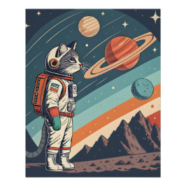Póster Ilustração Retro de Astronauta Gato Cósmico no Esp