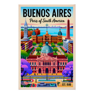 Póster Ilustração Retro de Buenos Aires Argentina Vintage
