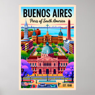 Poster Ilustração Retro de Buenos Aires Argentina Vintage