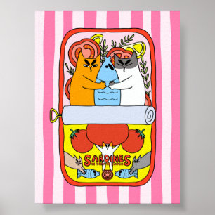Poster Ilustração Retro de Gato Sardinha Rosa na Cozinha