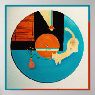 Poster Ilustração Retro de Gato se Alongando em Disco