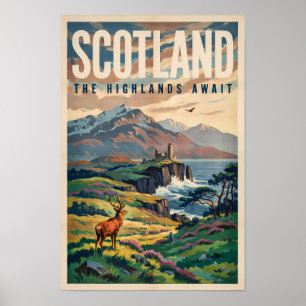 Poster Ilustração Retro de Veado das Terras Altas Escoces