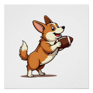 Póster Ilustração Retro Desportiva de Cão de Futebol Corg