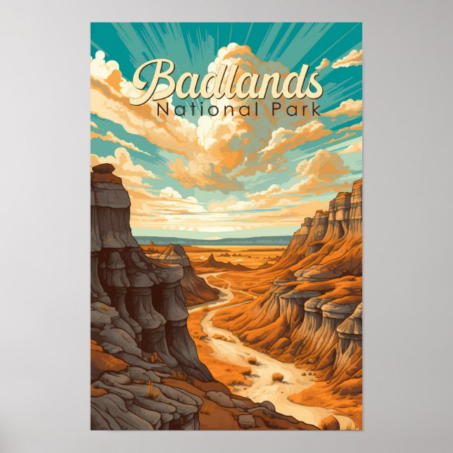 Poster Ilustração Retro do Parque Nacional Badlands (Frente)