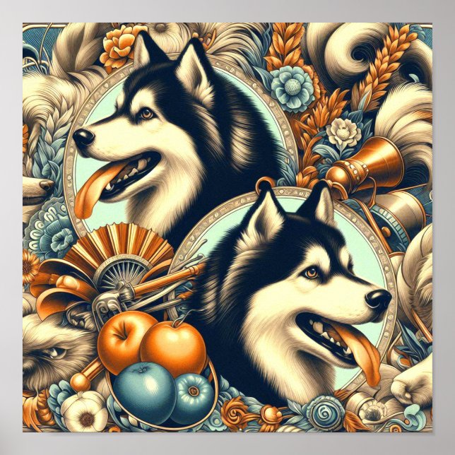Poster Ilustração Retro Siberian Husky (Frente)