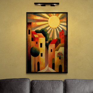 Poster Ilustração Retroativa de Arte AI em Pequena Cidade